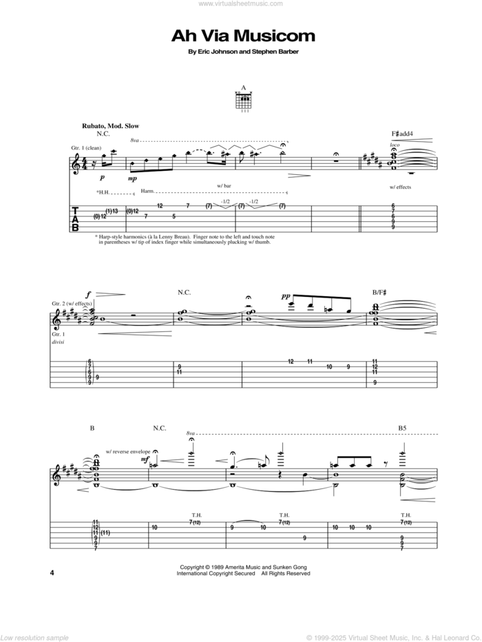 Ah Via Musicom sheet music for guitar (tablature) by Eric Johnson and Stephen Barber, intermediate skill level