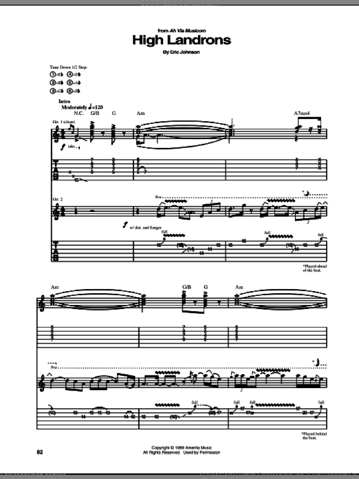 High Landrons sheet music for guitar (tablature) by Eric Johnson, intermediate skill level