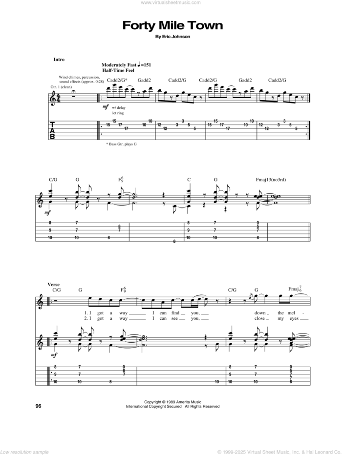 Forty Mile Town sheet music for guitar (tablature) by Eric Johnson, intermediate skill level