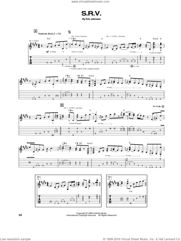 S.R.V. sheet music for guitar (tablature) by Eric Johnson, intermediate skill level