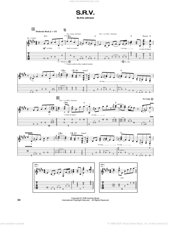 S.R.V. sheet music for guitar (tablature) by Eric Johnson, intermediate skill level