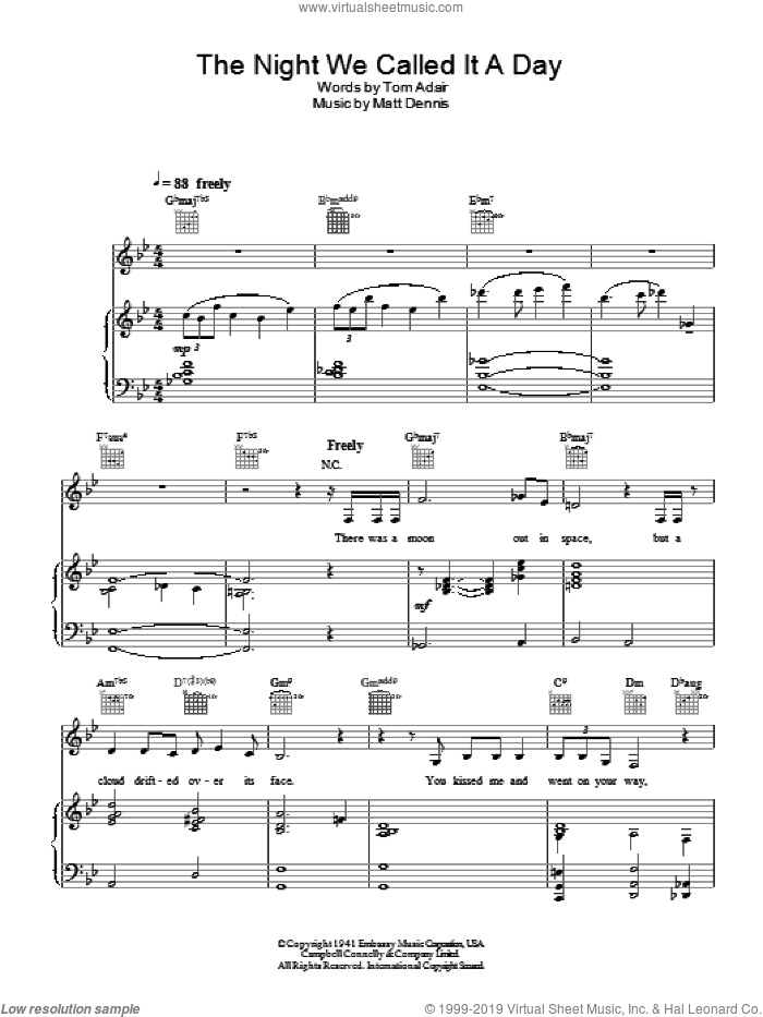 The Night We Called It A Day sheet music for voice, piano or guitar by Diana Krall, intermediate skill level
