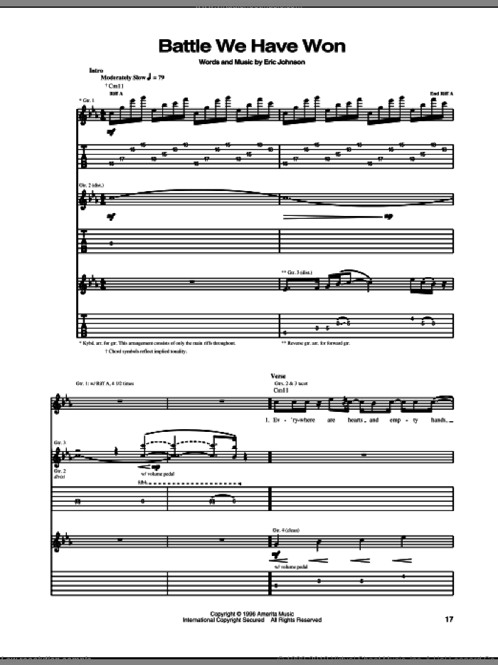 Battle We Have Won sheet music for guitar (tablature) by Eric Johnson, intermediate skill level