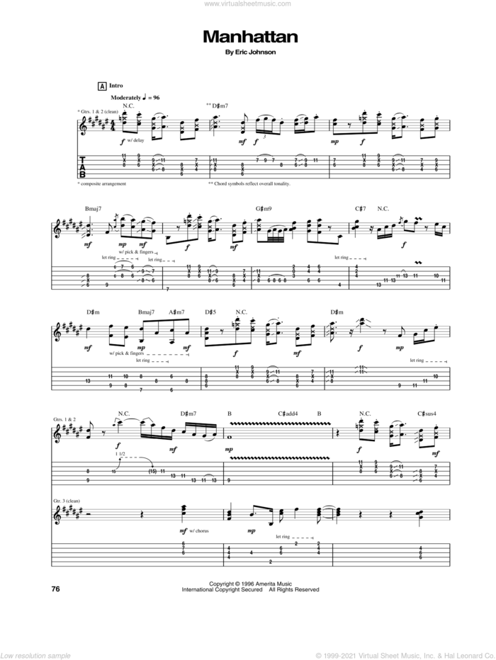 Manhattan sheet music for guitar (tablature) by Eric Johnson, intermediate skill level