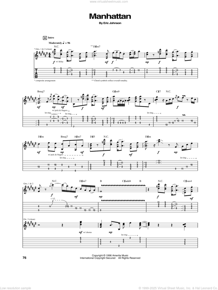 Manhattan sheet music for guitar (tablature) by Eric Johnson, intermediate skill level