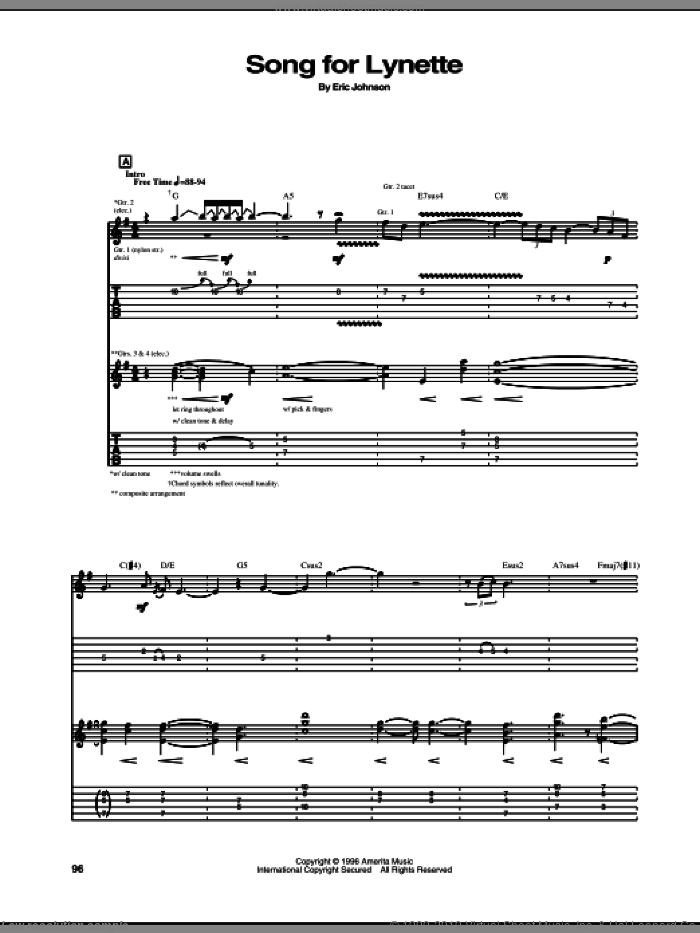 Song For Lynette sheet music for guitar (tablature) by Eric Johnson, intermediate skill level