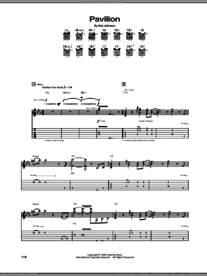 Pavilion sheet music for guitar (tablature) by Eric Johnson, intermediate skill level