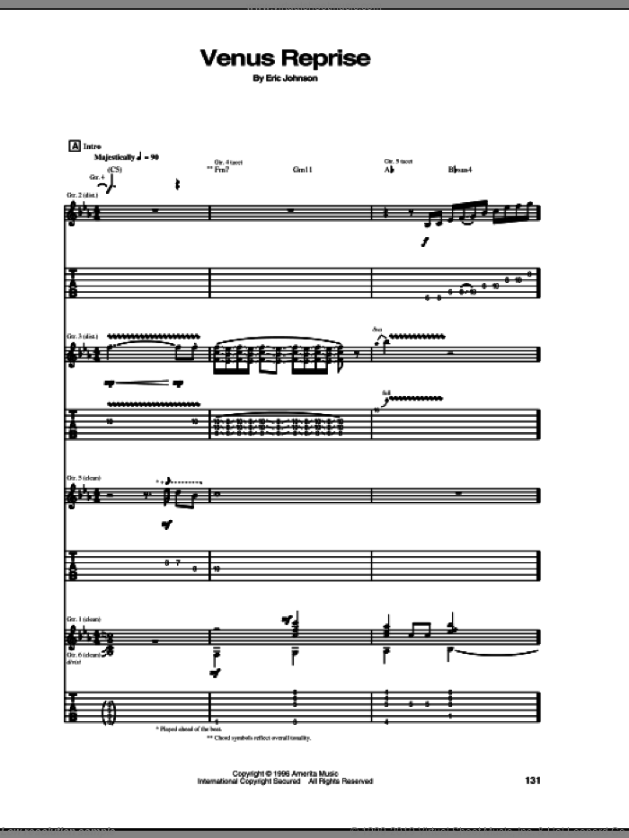 Venus Reprise sheet music for guitar (tablature) by Eric Johnson, intermediate skill level