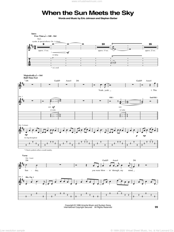 When The Sun Meets The Sky sheet music for guitar (tablature) by Eric Johnson and Stephen Barber, intermediate skill level