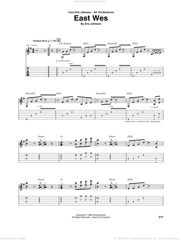 East Wes sheet music for guitar (tablature) by Eric Johnson, intermediate skill level