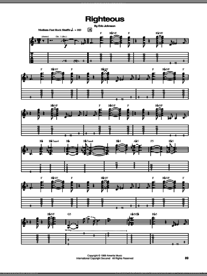 Righteous sheet music for guitar (tablature) by Eric Johnson, intermediate skill level