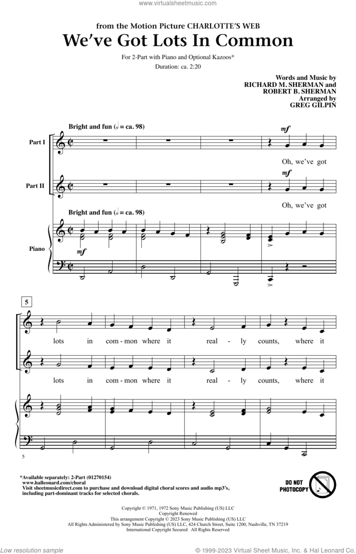 We've Got Lots In Common (from Charlotte's Web) (arr. Greg Gilpin) sheet music for choir (2-Part) by Sherman Brothers, Greg Gilpin, Richard M. Sherman and Robert B. Sherman, intermediate duet
