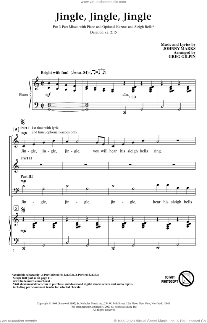 Jingle, Jingle, Jingle (arr. Greg Gilpin) sheet music for choir (3-Part Mixed) by Johnny Marks and Greg Gilpin, intermediate skill level