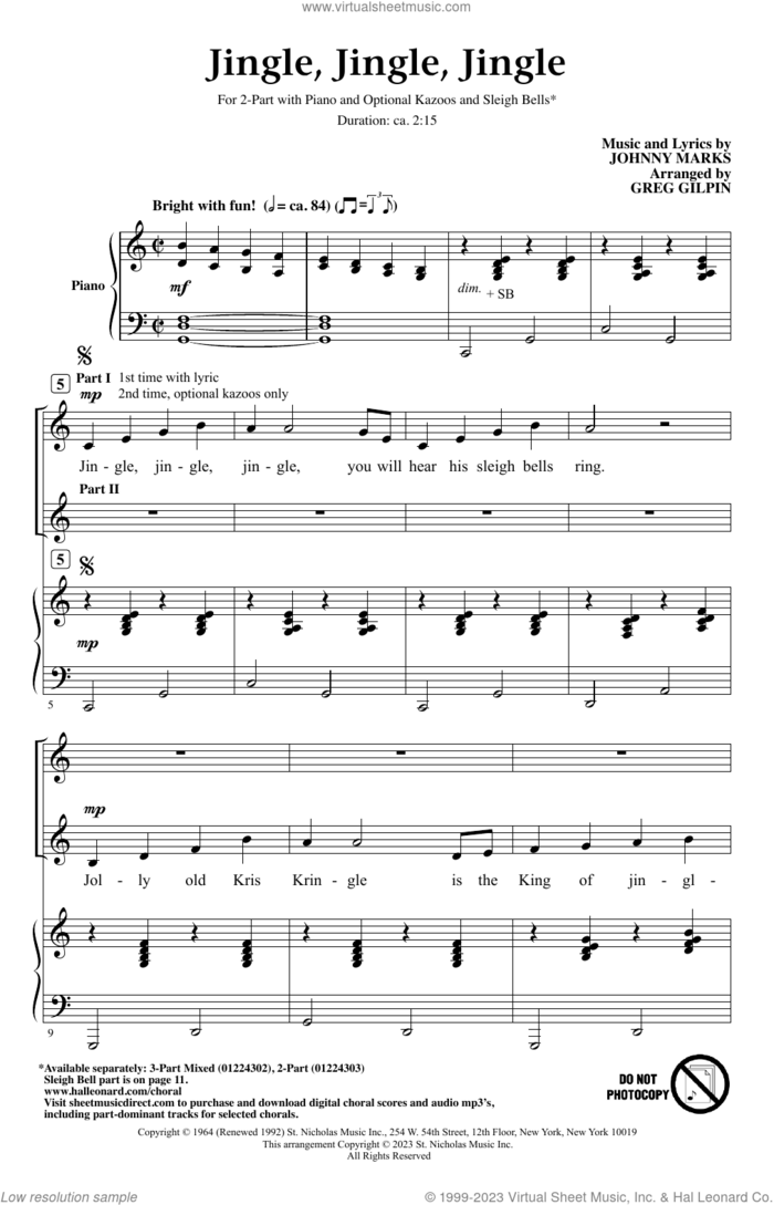 Jingle, Jingle, Jingle (arr. Greg Gilpin) sheet music for choir (2-Part) by Johnny Marks and Greg Gilpin, intermediate duet
