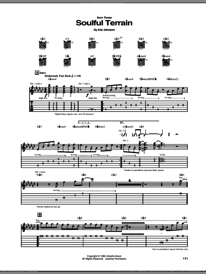 Soulful Terrain sheet music for guitar (tablature) by Eric Johnson, intermediate skill level