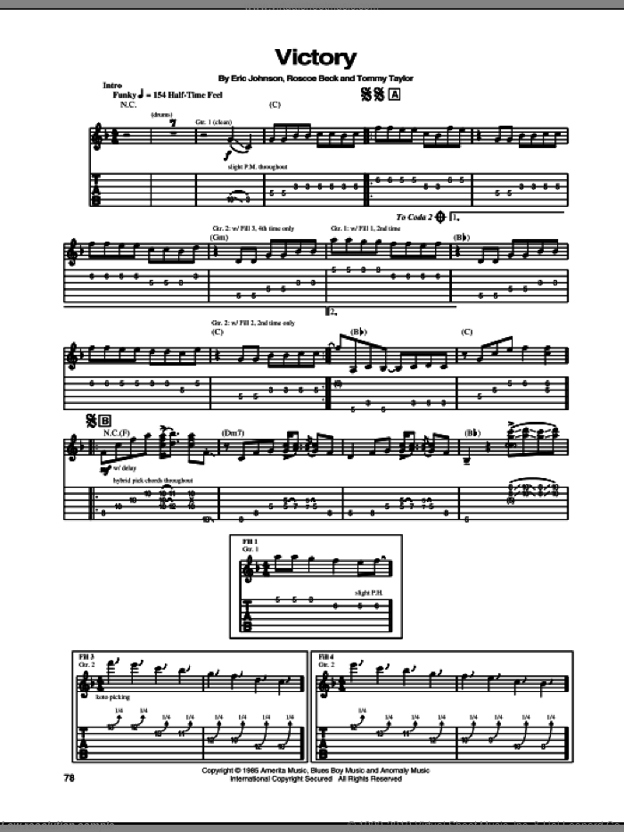 Victory sheet music for guitar (tablature) by Eric Johnson, Roscoe Beck and Tommy Taylor, intermediate skill level