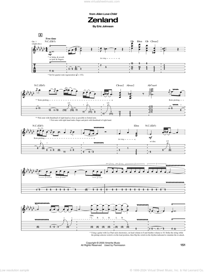 Zenland sheet music for guitar (tablature) by Eric Johnson, intermediate skill level