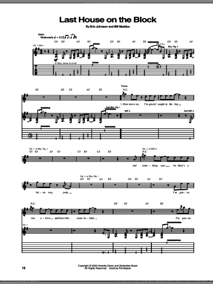 Last House On The Block sheet music for guitar (tablature) by Eric Johnson and Bill Maddox, intermediate skill level