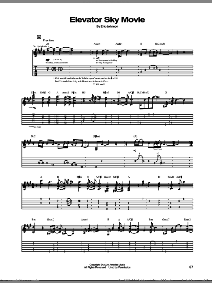 Elevator Sky Movie sheet music for guitar (tablature) by Eric Johnson, intermediate skill level