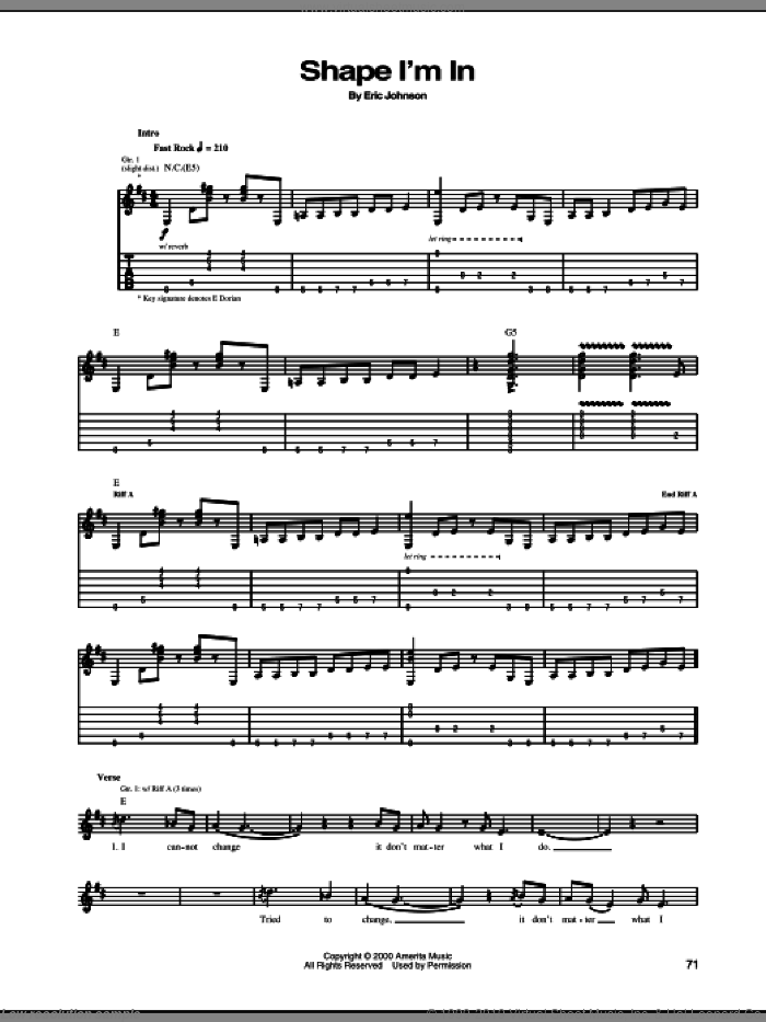 Shape I'm In sheet music for guitar (tablature) by Eric Johnson, intermediate skill level