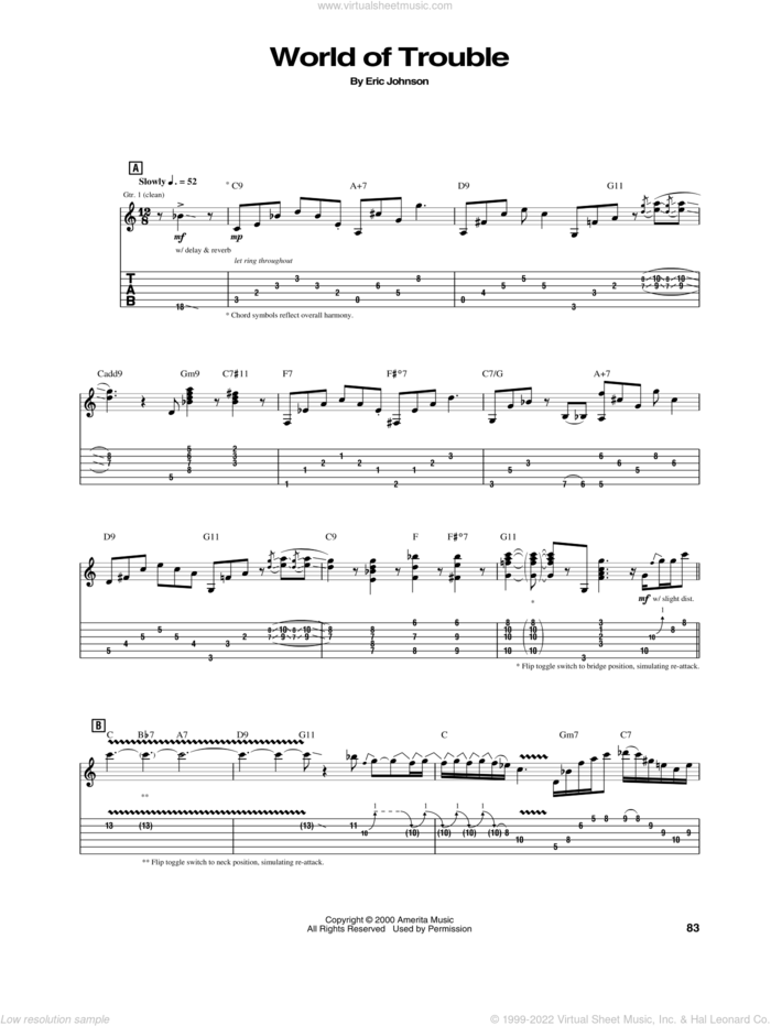 World Of Trouble sheet music for guitar (tablature) by Eric Johnson, intermediate skill level
