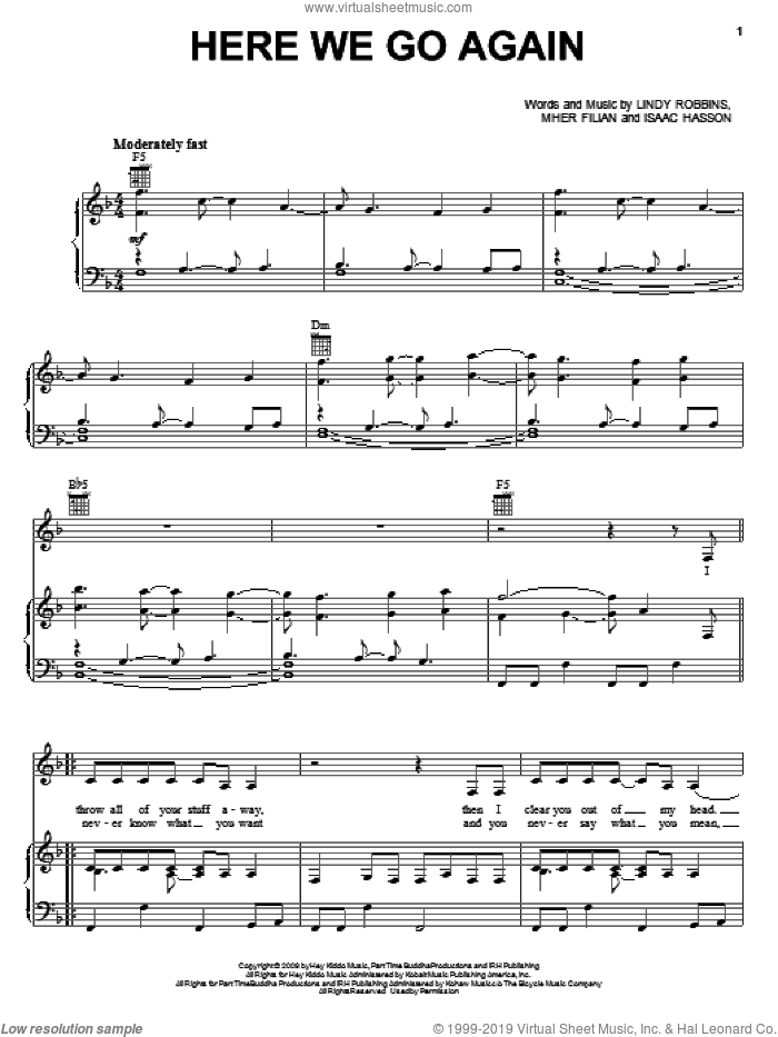 Here We Go Again sheet music for voice, piano or guitar by Demi Lovato, Isaac Hasson, Lindy Robbins and Mher Filian, intermediate skill level