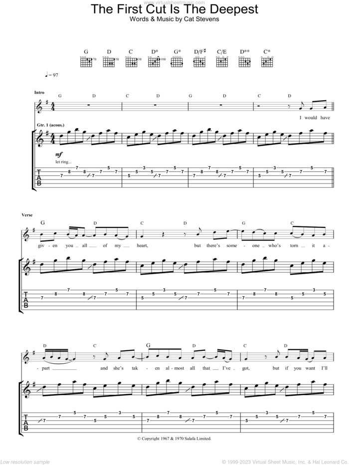 The First Cut Is The Deepest sheet music for guitar (tablature) by Cat Stevens and Sheryl Crow, intermediate skill level