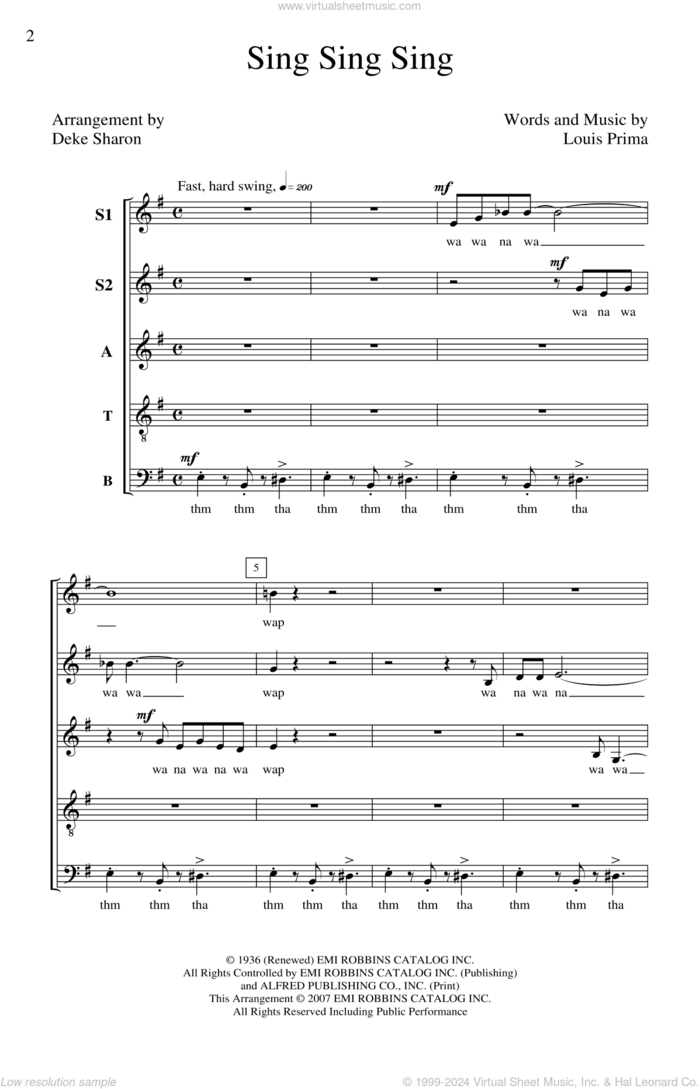 Sing, Sing, Sing (arr. Deke Sharon) sheet music for choir (SATB: soprano, alto, tenor, bass) by Louis Prima and Deke Sharon, intermediate skill level