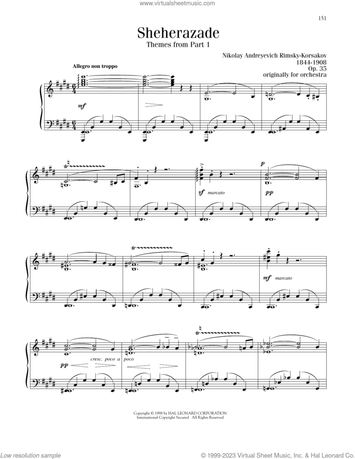 Sheherazade, Themes from Part 1 sheet music for piano solo by Nikolay A. Rimsky-Korsakov, Blake Neely and Richard Walters, classical score, intermediate skill level