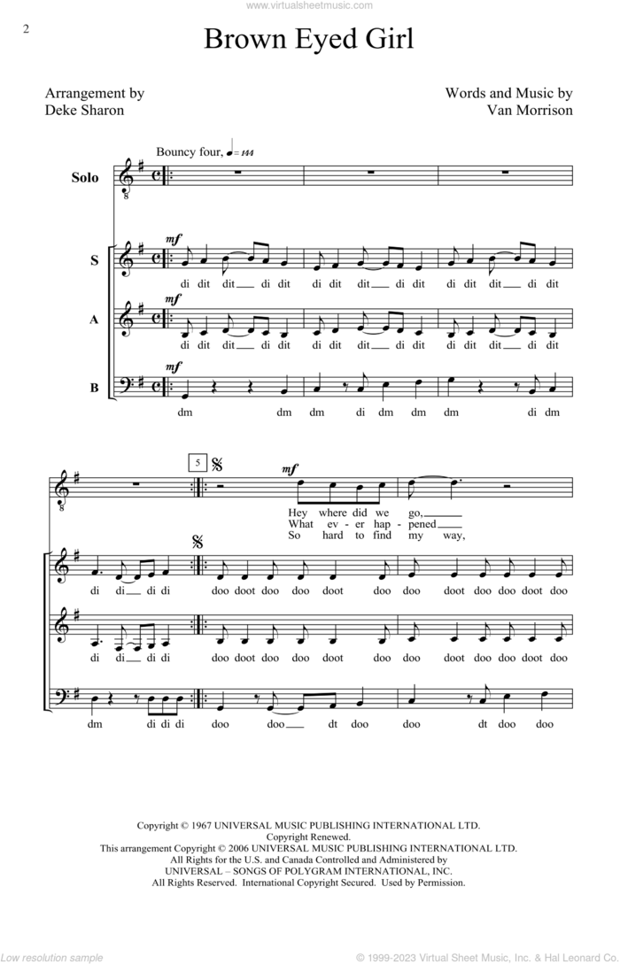 Brown Eyed Girl (arr. Deke Sharon) sheet music for choir (SATB: soprano, alto, tenor, bass) by Van Morrison and Deke Sharon, intermediate skill level