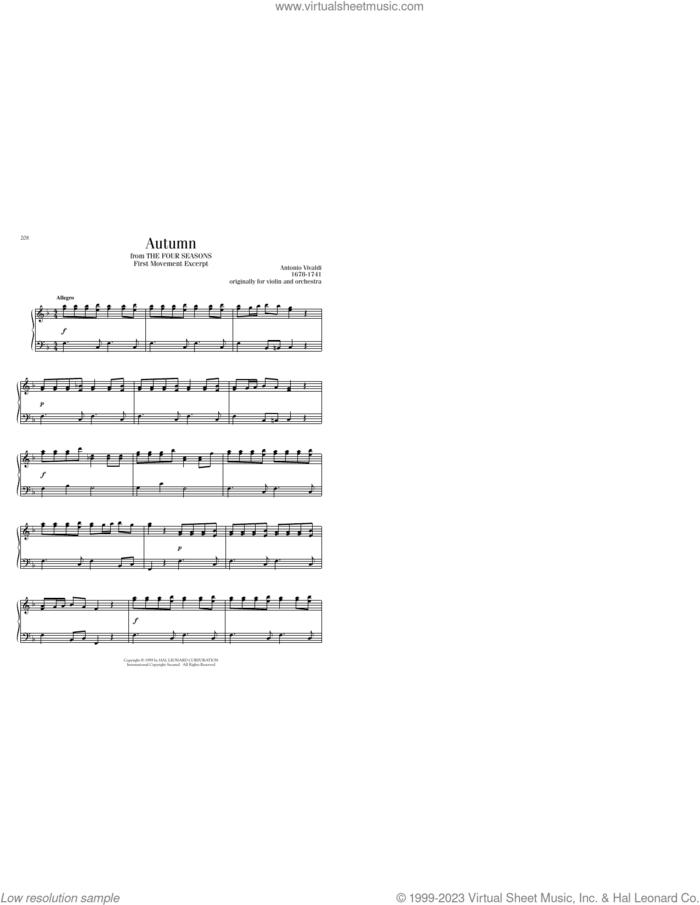 The Four Seasons ('Autumn') sheet music for piano solo by Antonio Vivaldi, classical score, intermediate skill level