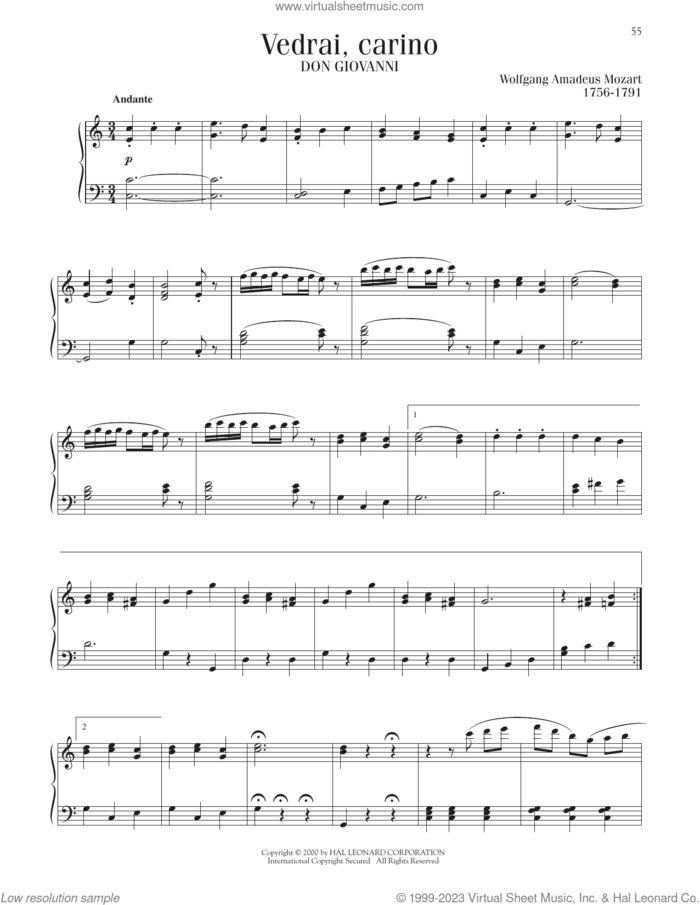 Vedrai, Carino, (intermediate) sheet music for piano solo by Wolfgang Amadeus Mozart, classical score, intermediate skill level