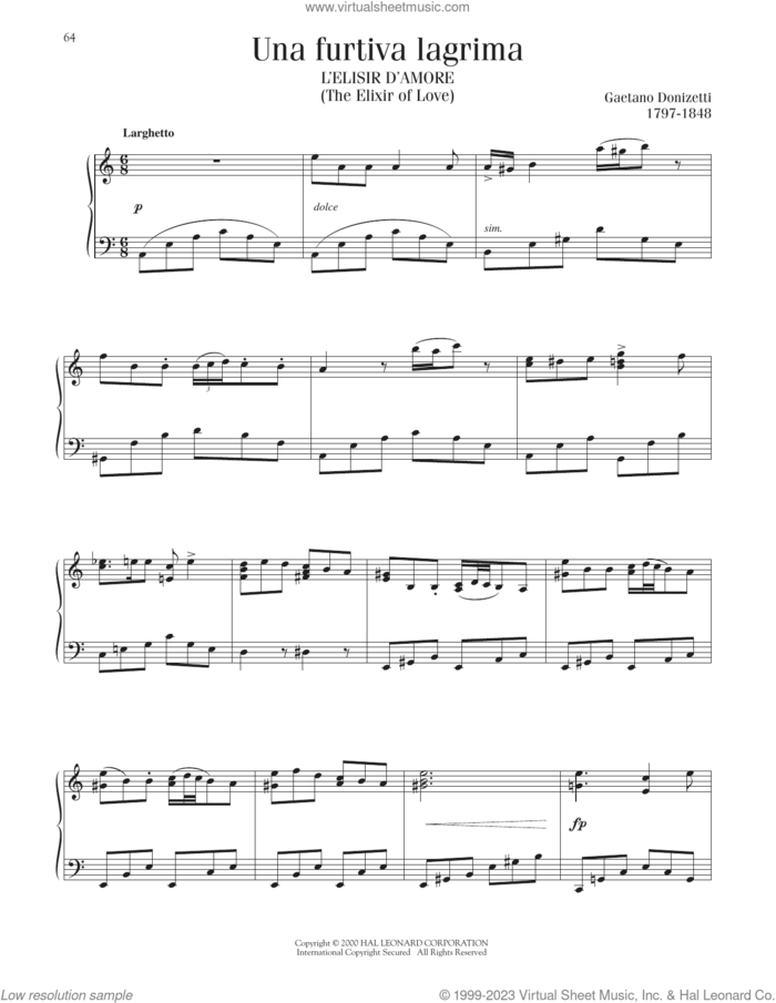 Una Furtiva Lagrima (The Elixir Of Love) sheet music for piano solo by Gaetano Donizetti, classical score, intermediate skill level