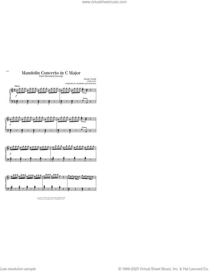 Mandolin Concerto in C Major sheet music for piano solo by Antonio Vivaldi, classical score, intermediate skill level
