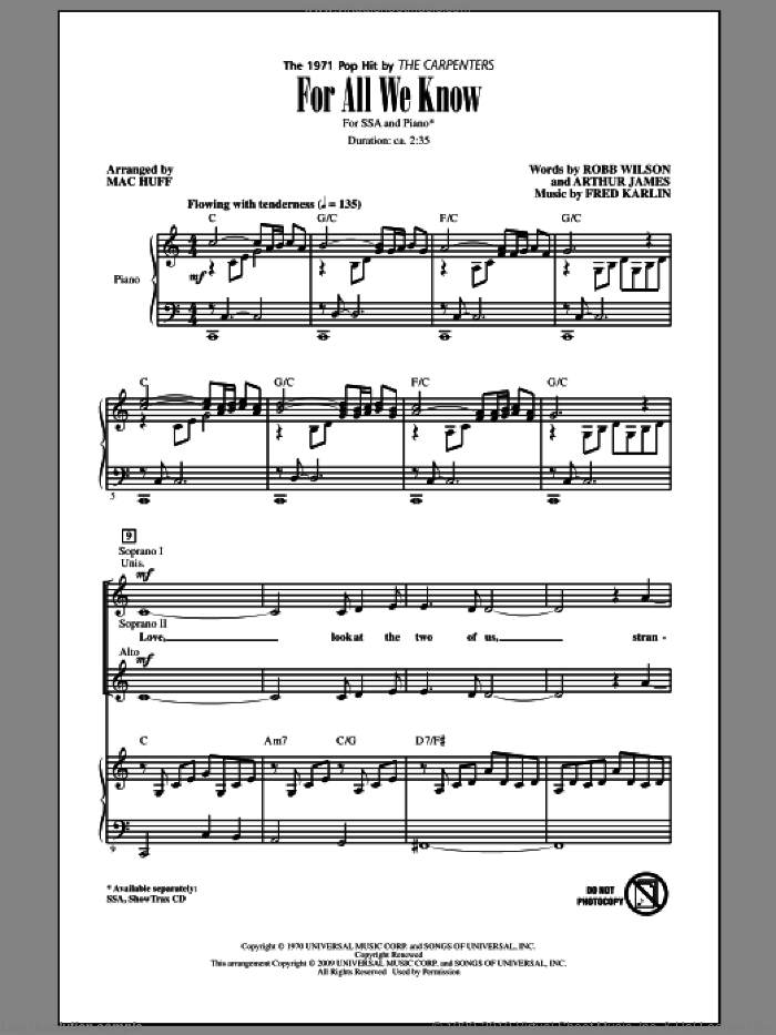 For All We Know (arr. Mac Huff) sheet music for choir (SSA: soprano, alto) by Mac Huff, Fred Karlin, James Griffin, Robb Wilson and Carpenters, intermediate skill level