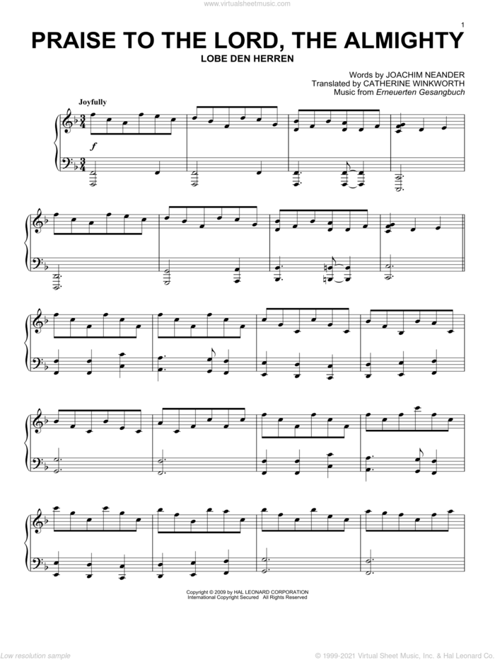 Praise To The Lord, The Almighty, (intermediate) sheet music for piano solo by Joachim Neander, Catherine Winkworth and Erneuerten Gesangbuch, intermediate skill level