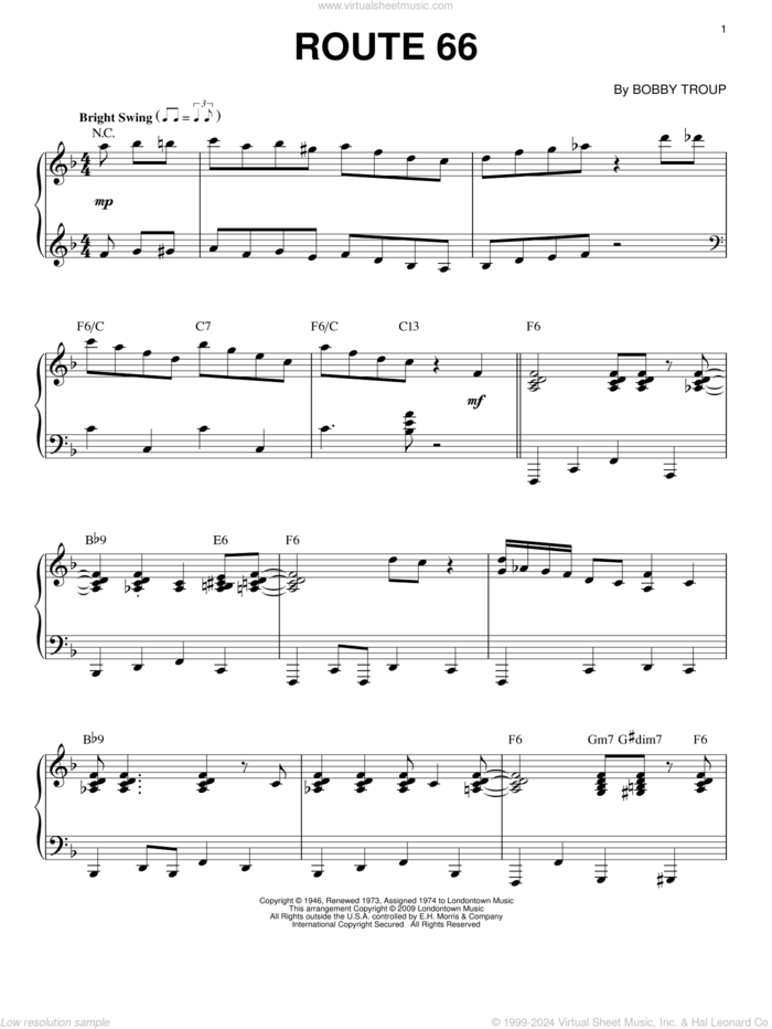 Route 66 (arr. Brent Edstrom) sheet music for piano solo by Bobby Troup, intermediate skill level