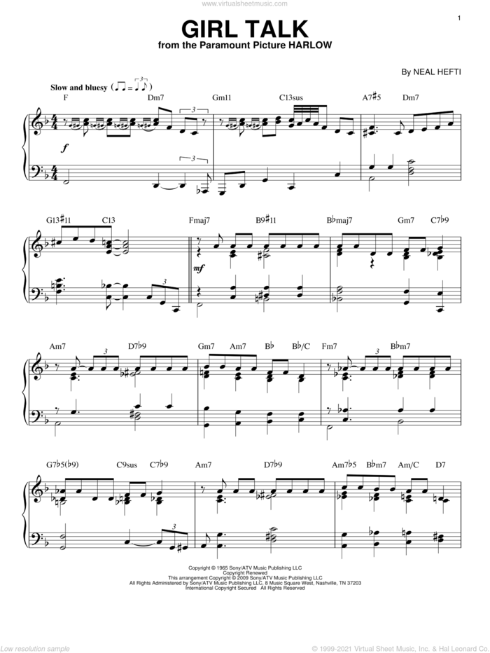 Girl Talk (arr. Brent Edstrom) sheet music for piano solo by Neal Hefti and Bobby Troup, intermediate skill level