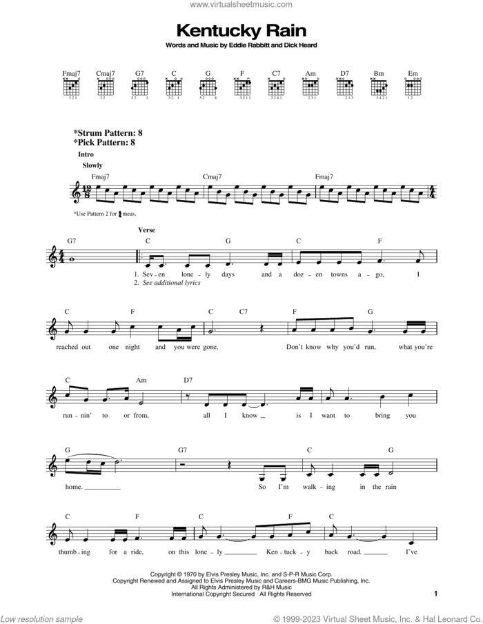 Kentucky Rain sheet music for guitar solo (chords) by Elvis Presley, Dick Heard and Eddie Rabbitt, easy guitar (chords)