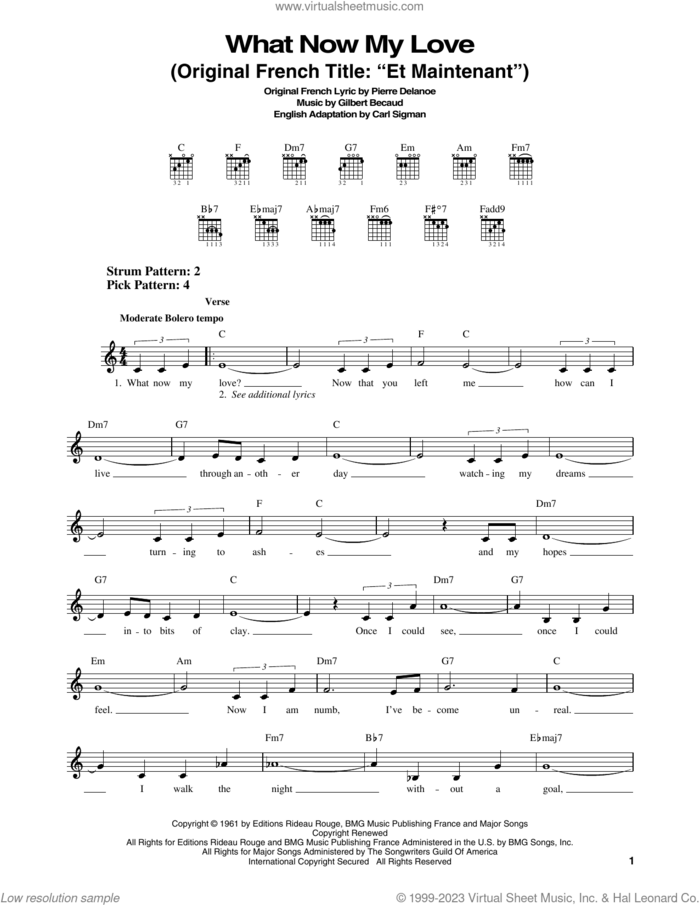 What Now My Love sheet music for guitar solo (chords) by Elvis Presley, Carl Sigman, Francois Becaud and Pierre Delanoe, easy guitar (chords)