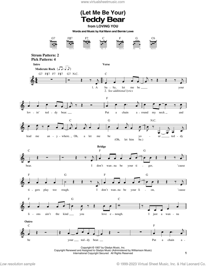 Teddy Bear sheet music for guitar solo (chords) by Elvis Presley, Bernie Lowe and Kal Mann, easy guitar (chords)