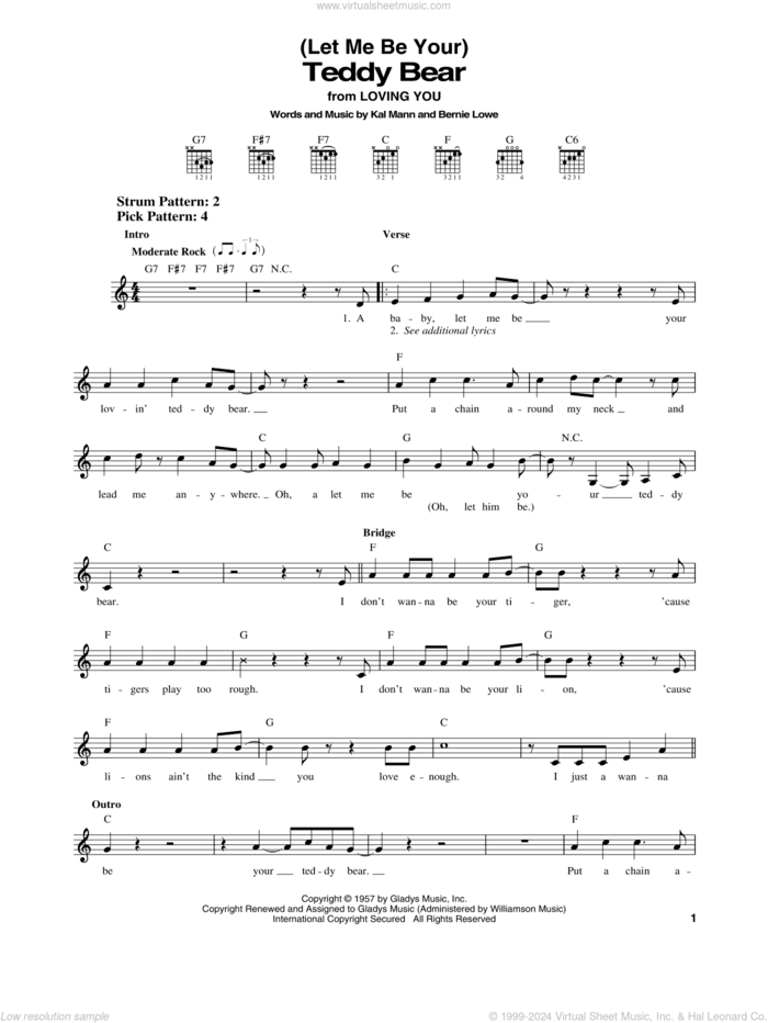 Teddy Bear sheet music for guitar solo (chords) by Elvis Presley, Bernie Lowe and Kal Mann, easy guitar (chords)