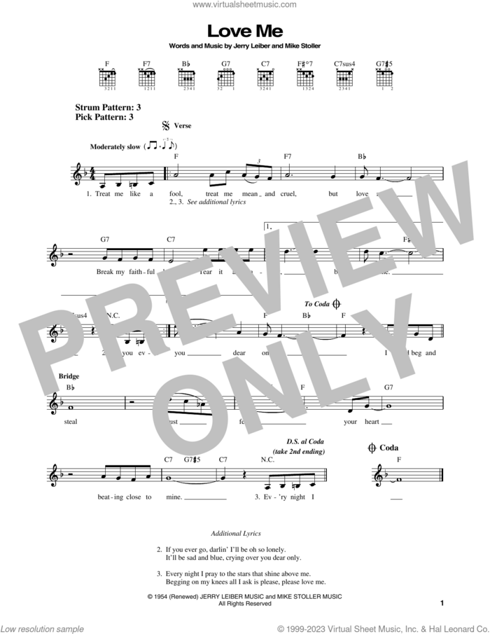 Love Me sheet music for guitar solo (chords) by Elvis Presley, Jerry Leiber and Mike Stoller, easy guitar (chords)