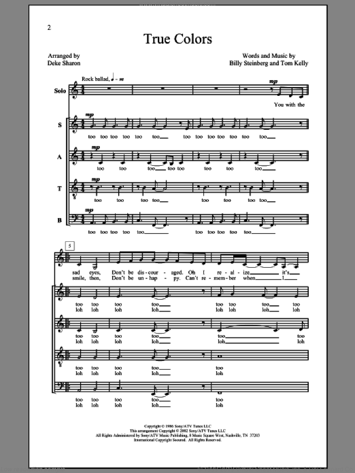 True Colors (arr. Deke Sharon) sheet music for choir (SATB: soprano, alto, tenor, bass) by Billy Steinberg, Tom Kelly, Cyndi Lauper, Deke Sharon and Phil Collins, intermediate skill level