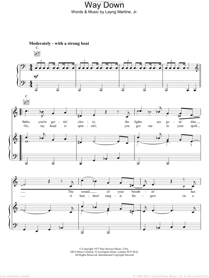 Way Down sheet music for voice, piano or guitar by Elvis Presley, intermediate skill level