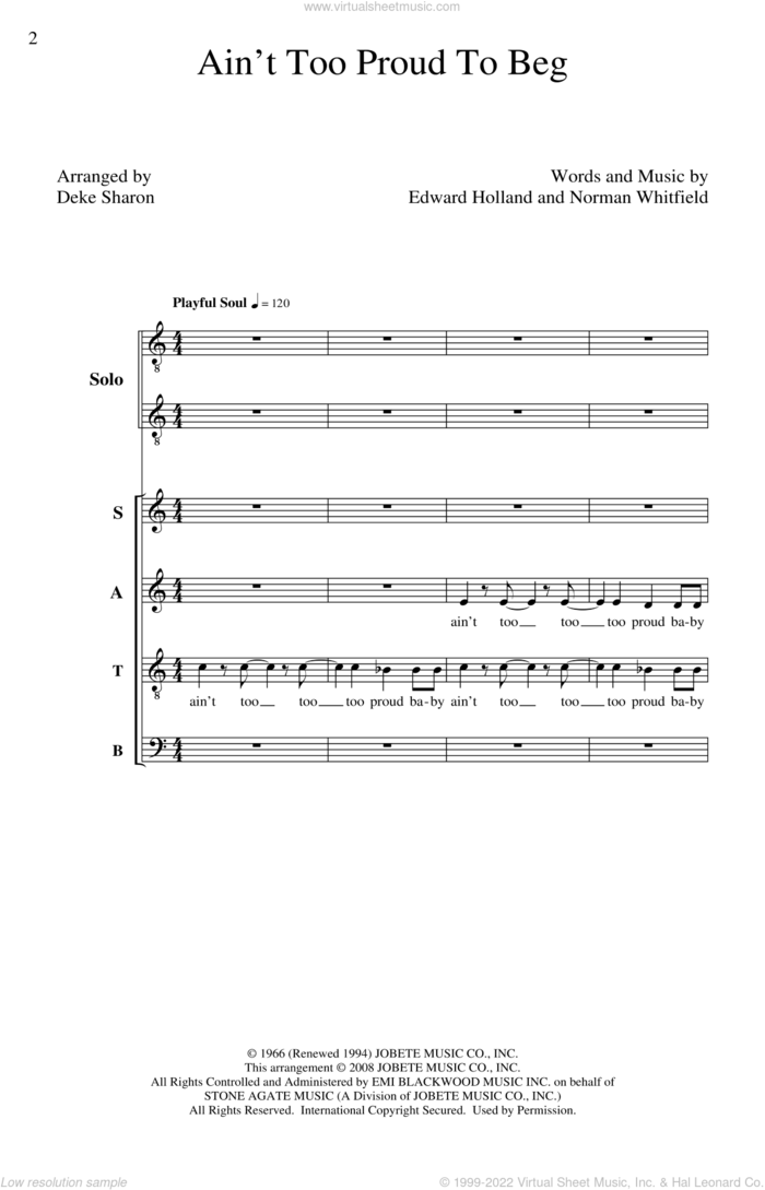 Ain't Too Proud To Beg (arr. Deke Sharon) sheet music for choir (SATB: soprano, alto, tenor, bass) by Deke Sharon, Eddie Holland, Norman Whitfield and The Temptations, intermediate skill level