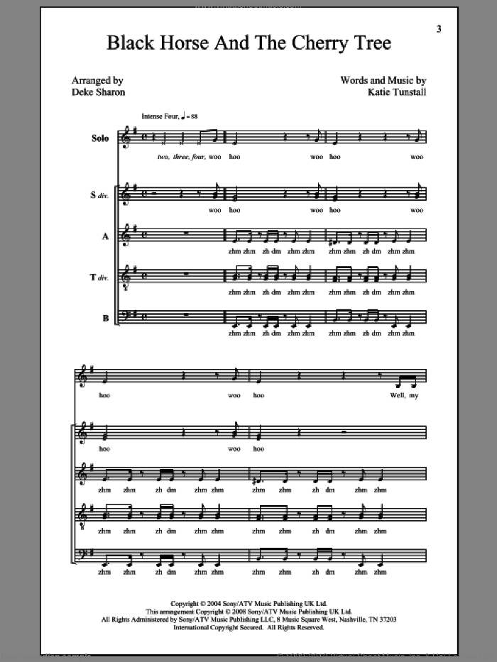 Black Horse And The Cherry Tree sheet music for choir (SATB: soprano, alto, tenor, bass) by KT Tunstall and Deke Sharon, intermediate skill level