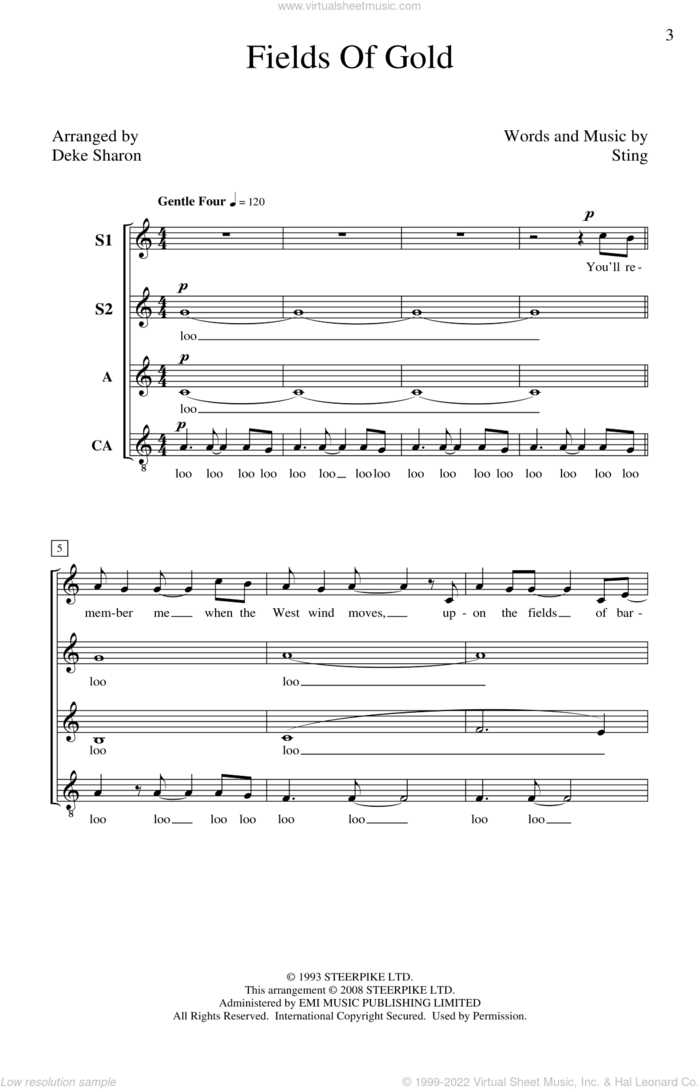 Fields Of Gold (arr. Deke Sharon) sheet music for choir (SSA: soprano, alto) by Sting and Deke Sharon, intermediate skill level