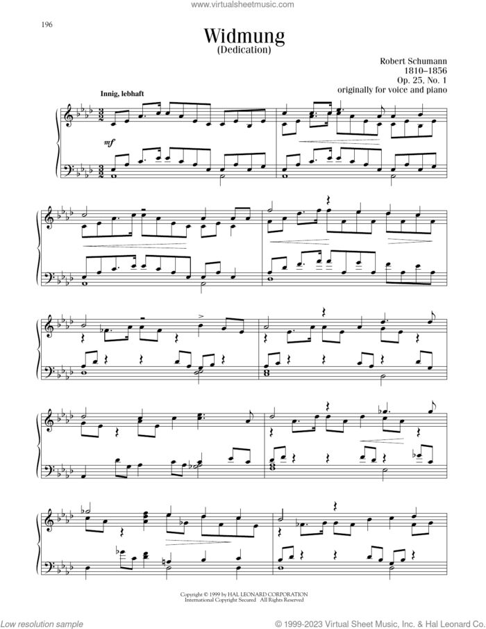 Widmung sheet music for piano solo by Robert Schumann, Blake Neely, Richard Walters and Franz Ruckert, classical score, intermediate skill level