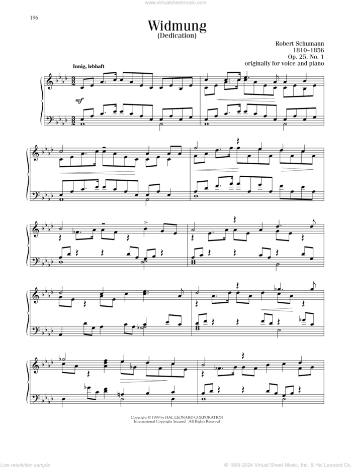 Widmung sheet music for piano solo by Robert Schumann, Blake Neely, Richard Walters and Franz Ruckert, classical score, intermediate skill level